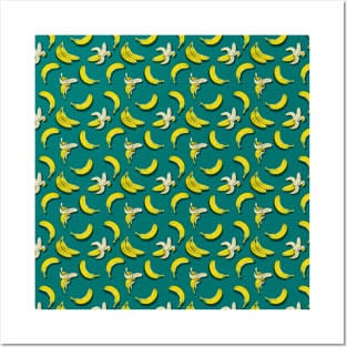Bananas Fruits Pattern on Green Checkered Posters and Art
